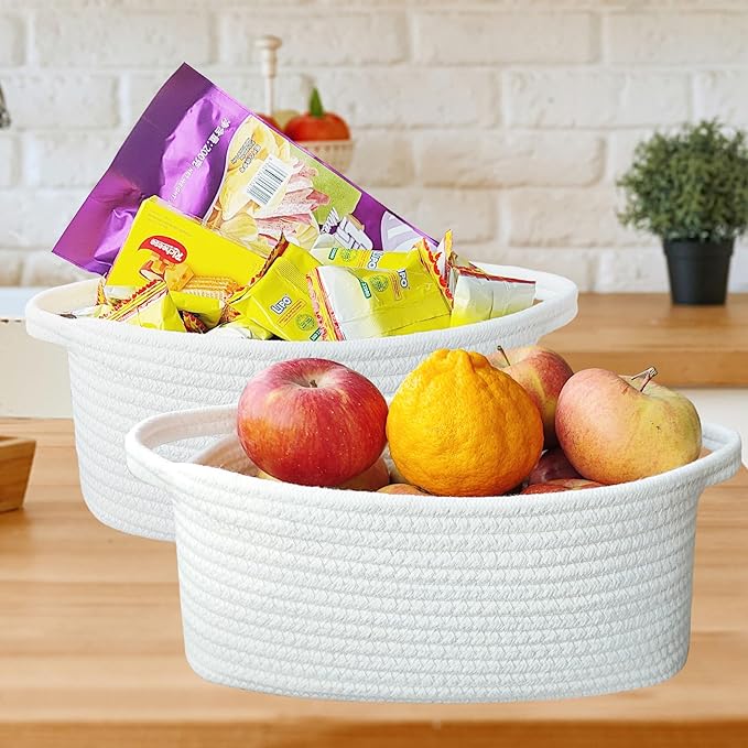 ABenkle Small White Basket, Soft Woven Storage Bins Baskets for Cat Dog Toys Organizer, Decorative Shelves Closet Organizing Basket Chest Box, Empty Gift Baskets