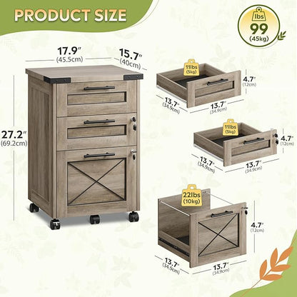 DEVAISE 3-Drawer File Cabinet with Hanging Files, Mobile Rolling Storage Cabinet for Home Office, Printer Stand, Farmhouse Style, Gray Oak