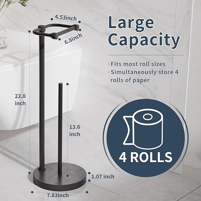 Toilet Paper Holder Stand, Post Pivoting Design Free Standing Toilet Paper Holder with Storage for 4 Rolls, SUS304 Stainless Steel Tissue Holder with Reserve, Heavy-Duty Base (Matte Black)