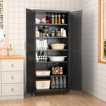 Aobabo Garage Storage Cabinet with Wheels,Lockable Metal Storage Cabinet with 5 Adjustable Shelves for Garage Home,Required Assembly,Black