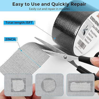 Black Window Screen Repair Tape, 2 in X 15 FT (180IN) Screen Repair Kit for Windows or Doors, Strong Adhesive Screen Patch Fiberglass Screen Tape Mesh Repair (Pack of 2)
