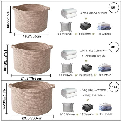 90L Large Blanket Basket,21.7"L x 21.7"W x 13.8"H Rope Woven Baskets with Handles, Toys Storage Bins,Laundry Basket Perfect for Living Room, Nursery,Bedroom,Home Organization,Brown