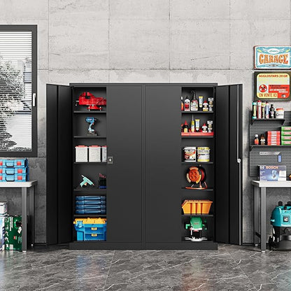 Metal Storage Cabinet-71” Tall Steel File Cabinets with Lockable Doors and Adjustable Shelves-Black Steel Storage Cabinet for Home,Kitchen, School, Office, Garage