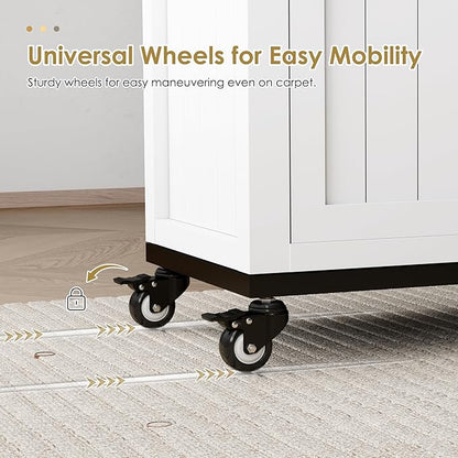 Rolling Ironing Board with Storage Cabinet, Folding Ironing Board with Wheels, Craft Table with Storage, Wooden Fold Down Ironing Station with Heat-Resistant Sponge(White with Wheels)