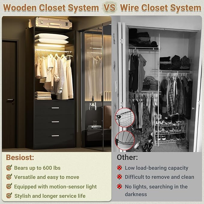 8FT Closet System with 4 Motion Sensor LED Lights, 96" Closet Systems with 12 Drawers, Closet Organizer System with 4 Hanging Rods & 4 Shelves, Heavy Duty 96 Inch Walk-in Closet, Black