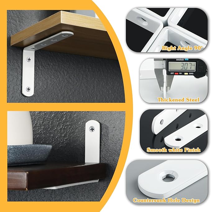 Alise 12 Pack Floating Shelf Brackets,White Heavy Duty L Bracket Corner Brace,Stainless Steel Corner Brackets,Joint Angle Brackets for Hanging Support,Shelves Support DIY (5 x 3 Inch)