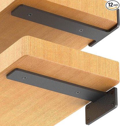12 Pack Floating Shelf Brackets, 8 Inch Heavy Duty Industrial Shelf Bracket, Black Metal L Brackets for Shelves Support DIY(1/5 Inch Thicked)