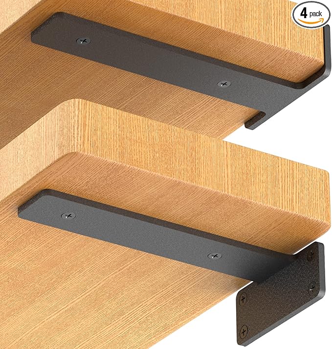 4 Pack Floating Shelf Brackets, 10 inch Heavy Duty Industrial Shelf Bracket, Black Metal L Brackets for Shelves Support DIY(1/5 Inch Thicked)