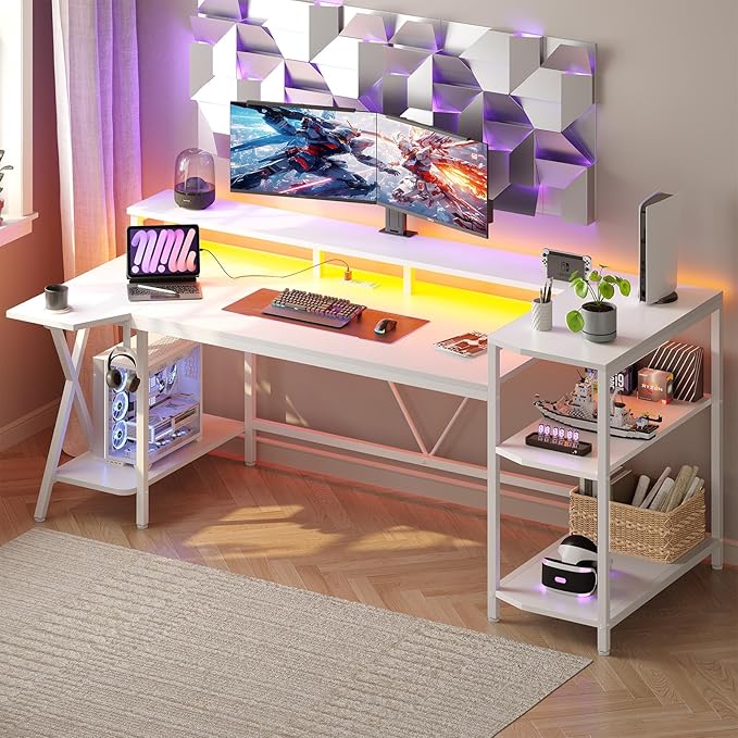 SEDETA White Gaming Desk 70.8'' with LED Lights and Storage Shelves, Computer Desk with Monitor Stand, Power Outlets and Cup Holder, Large PC Gamer Desk, Gaming Table for Bedroom, Living Room
