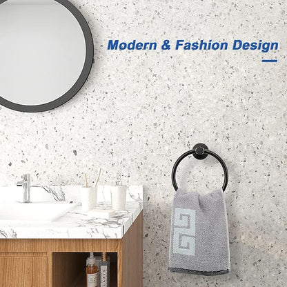 NearMoon Bath Towel Ring, Bathroom Hardware Accessories-Thicken Stainless Steel Hand Towel Holder for Bathroom, Modern Round Towel Hanger Wall Mounted (Matte Black, 2 Pack)