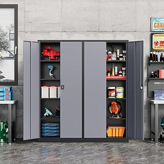 Metal Storage Cabinet-72” Tall Steel File Cabinets with Lockable Doors and Adjustable Shelves-Black&Gray Steel Storage Cabinet for Kitchen, Office, Garage