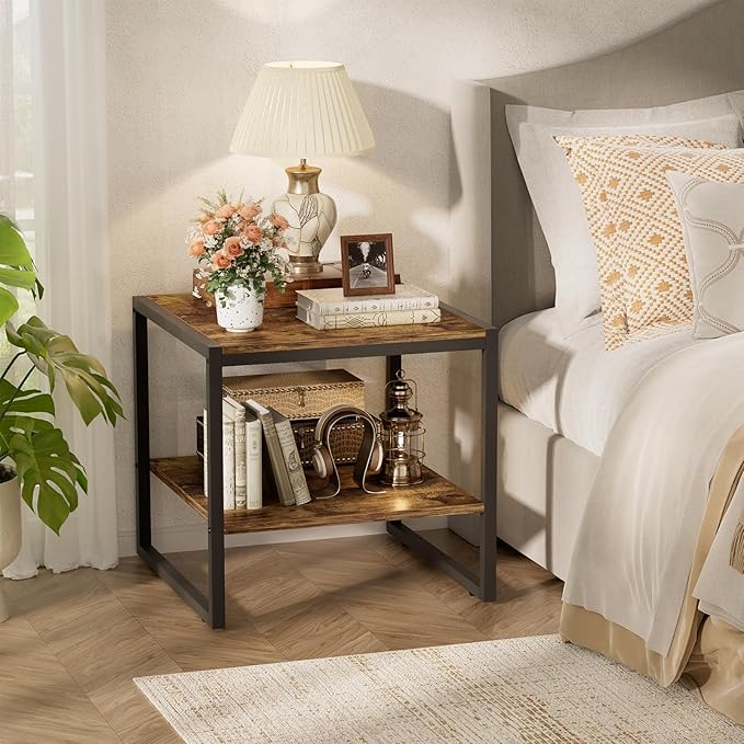 Homieasy End Table, 20 Inch Square End Table, Mini Fridge Stand with 2-Tier Storage Shelves, Industrial Wood Side Table Small Table Stand for Living Room, Bedroom, Office, Rustic Brown