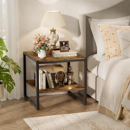 Homieasy End Table, 20 Inch Square End Table, Mini Fridge Stand with 2-Tier Storage Shelves, Industrial Wood Side Table Small Table Stand for Living Room, Bedroom, Office, Rustic Brown