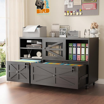 Semoic 2 Drawer Mobile File Cabinet with Lock, Farmhouse Lateral Filing Cabinet for Home Office, Fits Letter Legal A4 Size, Open Storage Adjustable Shelf, Black