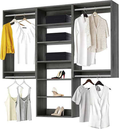 Modular Closets Vista Collection Closet Organizer System - 3 Piece Wall Mounted Kit with Hanging Rods & Shelves, Grey, Fits Closets 69” or wider