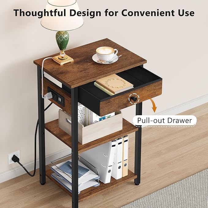 Printer Stand with Charging Station, 3-Tier Under Desk Printer Table, End Table with Storage Shelves for Home Office, Living Room,Bedroom,Bathroom,Brown