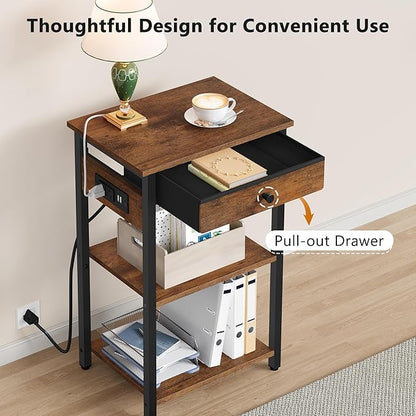 Printer Stand with Charging Station, 3-Tier Under Desk Printer Table, End Table with Storage Shelves for Home Office, Living Room,Bedroom,Bathroom,Brown