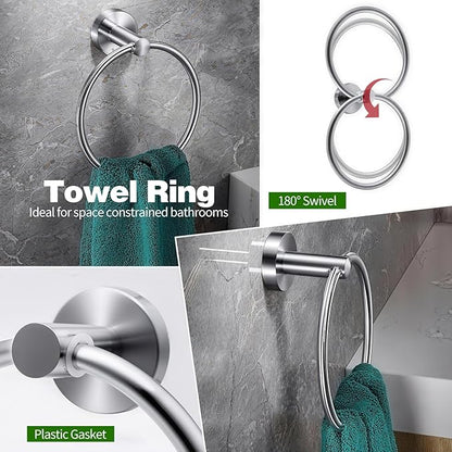 10pcs Brushed Nickel Bathroom Hardware Set, Including 2pcs 24in Retractable Hand Single Towel Bar with 2pcs Toilet Paper Holders, 2pcs Towel Rings 4pcs Multifunctional Robe Hooks