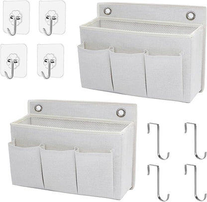 2-Pack Wall Hanging Organizer Bag/Hanging Baskets with Large Mesh Compartment & 3 Pockets，Over the Door Organizer Space Saving Storage for Bedroom,RV Camper, Closet (White-2 Pack)