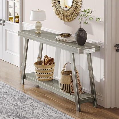 Huuger Console Table with Charging Station, USB-C Port, 2 Tiers Entryway Table, 53.9 Inch Sofa Table with Metal Legs, Entry Hallway Table with Thicker Desktop, Modern Behind Couch Table, Grey