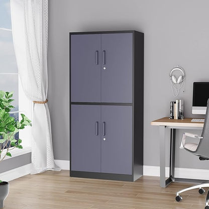 Metal Cabinet, 71' Tall, 4-Door, Locking, Adjustable Shelves, Heavy Duty, Black & Grey, Home Office, Garage Storage Cabinet