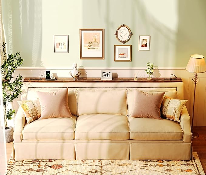 SUPERJARE 86.6 inch Narrow Console Table with Outlet, Sofa Tables, Behind Couch Table, Long Entryway Tables with Charging Station, for Living Room, Rustic Brown