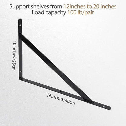 4 Pack L16 x H 10" Heavy Duty Shelf Brackets with Screws Wall Shelves Brackets with 90 Degree Triangle, Black Metal Shelf Brackets, Shelves L Brackets(400x250mm)