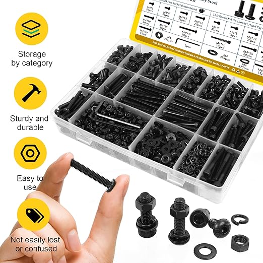 1500PCS M4 Screws with Nuts Assortment Kit, M4x6/8/12/16/20/25/30/40 mm Hex Socket Button & Cap Head Bolts Nut and Washers Set, 12.9 & 10.9 Grade Black Zinc Plated for DIY, 3D Printer