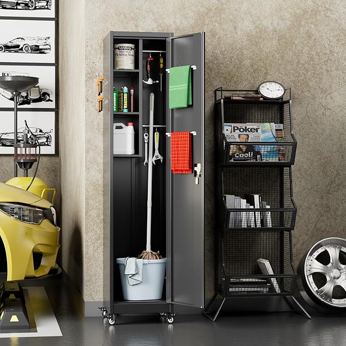 Broom Closet Storage Cabinet, 72" H Garage Storage Cabinet with Wheels, Lockable Door and Hooks for Garage Cleaning Supplies Broom Mops, Black, Assembly Required