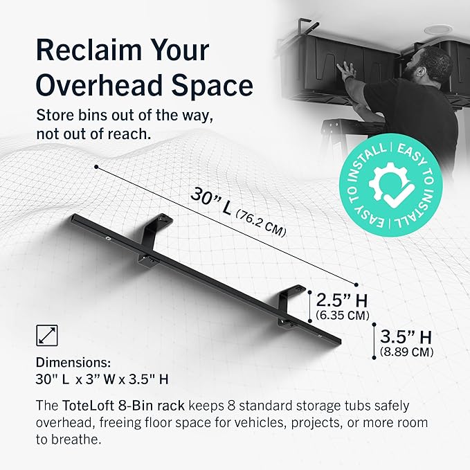 StoreYourBoard Overhead Tote Loft Bin Rail System - Garage Ceiling Bin Rack for Garage Storage - Adjustable Tote Slide Rails - Organization and Storage for 8 Bins - Black
