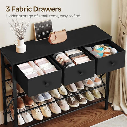 4-Tier Shoe Rack with 3 Drawers, Metal Shoe Organizer for 15 Pairs with Storage Shelves and Wooden Top, for Entryway, Hallway, Foyer, Closet, Black SS34BB