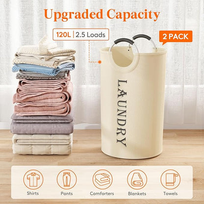Lifewit 120L 2-Pack Large Laundry Basket, Collapsible Laundry Hamper with Aluminum Handles, Waterproof Freestanding Dirty Clothes Hampers for Laundry Room Bedroom Dorm Bathroom, White