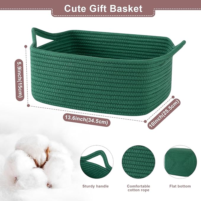 Basket for Gifts Empty, Woven Storage Basket with Gift Bag, Ribbon and Wrap Tissue Paper, Small Rope Toy Storage with Handles for Christmas, Baby Shower, Dog Toy Organizer, 13.6" x 10" x 5.9”