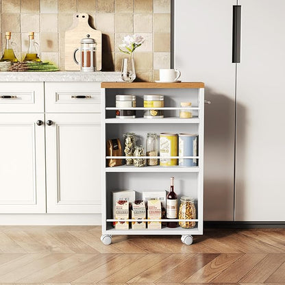 LITTLE TREE 4 Tier Rolling Cart with Wheels, 6.3 Inch Slim Storage Cart, Wooden Snack Cart with Narrow Shelf, White Laundry Room and Bathroom Organizer Shelves