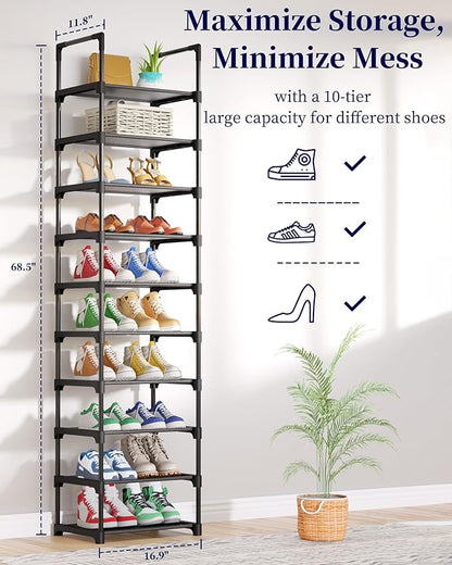 Kitsure Shoe Rack - 10-Tier Shoe Organizer with Detachable Fabric Shelves & Metal Frame, Tall Shoe Rack for Closet, Entrance, Living Room, 16.9" Wide - 10 Tier, Black