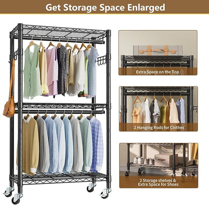 Heavy Duty Clothes Rack Rolling Garment Rack,3 Tier Adjustable Wire Shelving Clothing Racks for Hanging Clothes with Double Rods&Side Hooks,Freestanding Wardrobe Storage Rack Metal Portable Closet