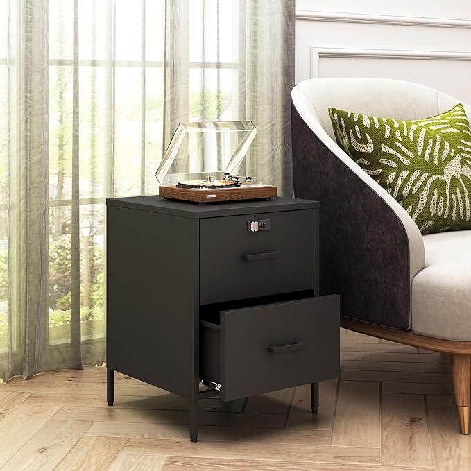 Metal Nightstand,2 Drawer End Side Table Lockable Modern Locker Storage Cabinet for Living Room, Bedroom, Dorm, 21.26”H X 15.75”W X 15.75”D (2 Drawer, Black)