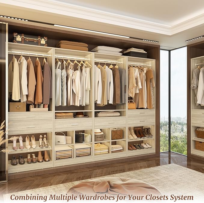 Unikito 50" W x 80'' H Closet Organizer Storage System with 2 Hanging Rod and 2 Wooden Drawers, Adjustable Shoes Rack, 4 Cubby Storage, Walk-in Closet Tower for Bedroom, Mudroom, Entryway, White Oak