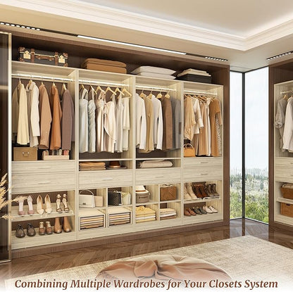 Unikito 50" W x 80'' H Closet Organizer Storage System with 2 Hanging Rod and 2 Wooden Drawers, Adjustable Shoes Rack, 4 Cubby Storage, Walk-in Closet Tower for Bedroom, Mudroom, Entryway, White Oak