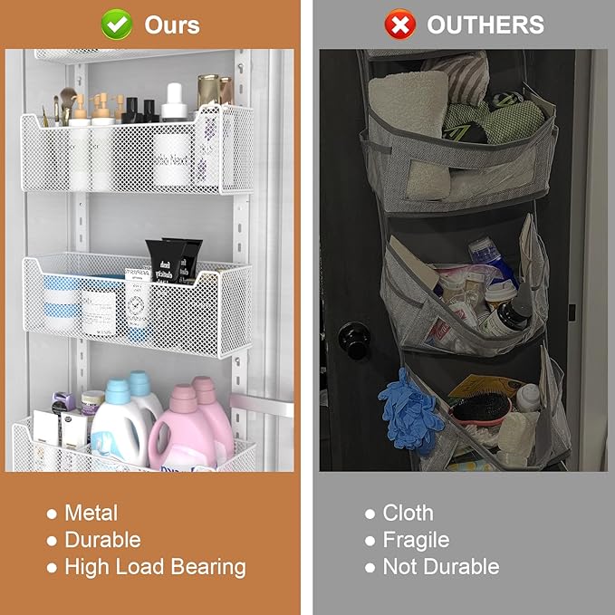 Over The Door Organizer, 8-tier Metal Door Organizer Hanging with Adjustable Baskets, Behind The Door Storage for Bedroom Closet Bathroom Pantry Cabinet Kitchen, White