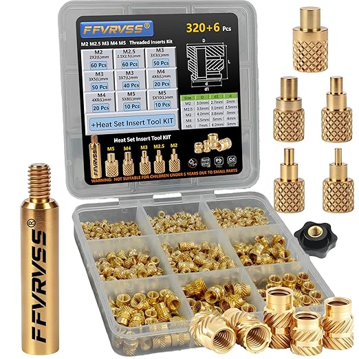 320+6Pcs M2 M2.5 M3 M4 M5 Premium Brass Threaded Inserts, Metric Brass Knurled Nuts Assortment Kit, with Heat Set Insert Tool, for Plastic and 3D Printing Components, All-in-one