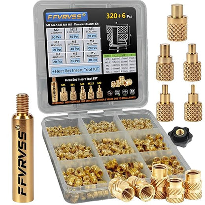 320+6Pcs M2 M2.5 M3 M4 M5 Premium Brass Threaded Inserts, Metric Brass Knurled Nuts Assortment Kit, with Heat Set Insert Tool, for Plastic and 3D Printing Components, All-in-one