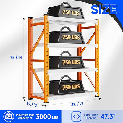 48" W Garage Storage Shelves,3000LBS Garage Shelving Heavy Duty Adjustable Shelving Unit,4 Tier Metal Utitly Shelves Industrial Shelving for Warehouses,Basement,Orange-White