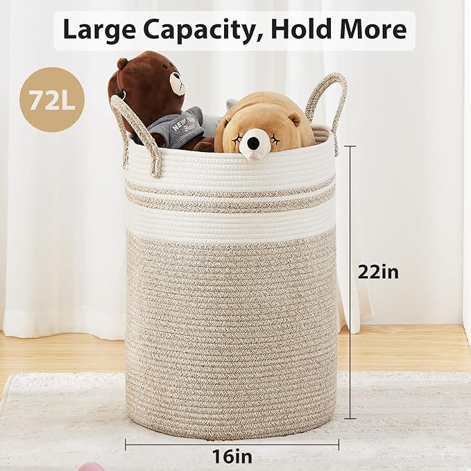 72L Large Woven Laundry Hamper by Fiona's magic, Tall Cotton Rope Storage Basket, Jute Baby Nursery Hamper for Blankets, Toys and Clothes in Bedroom and Living Room Organizing, Brown & White