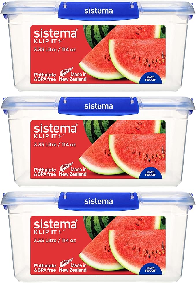 Sistema KLIP IT PLUS Food Storage Containers | 3.35 L | Leak-Proof, Stackable & Airtight Fridge/Freezer Containers with Lids | BPA-Free Plastic | Blue Clips | 3 Count