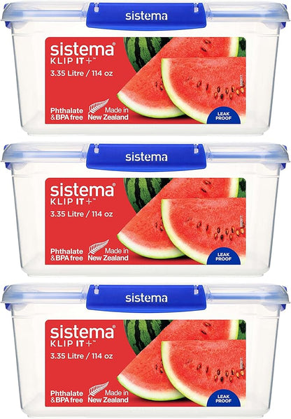 Sistema KLIP IT PLUS Food Storage Containers | 3.35 L | Leak-Proof, Stackable & Airtight Fridge/Freezer Containers with Lids | BPA-Free Plastic | Blue Clips | 3 Count