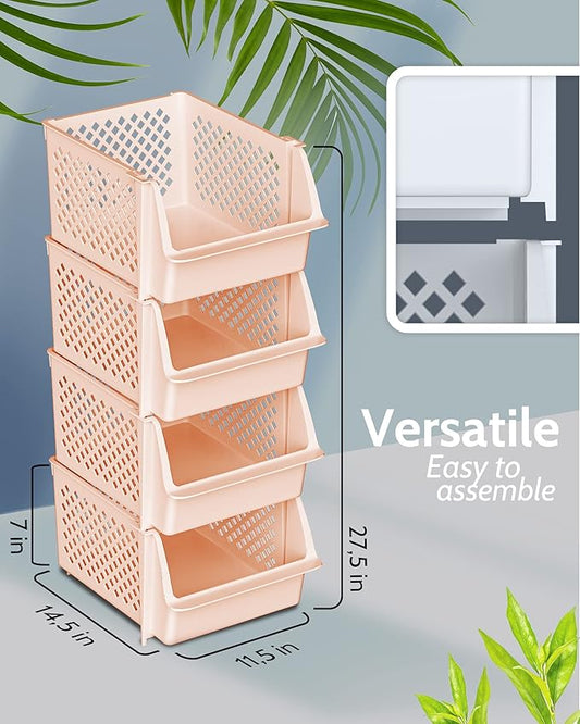 TidyFriend Stackable Storage Bins for Pantry, 4 Pack Stackable Bins For Organizing Food, Kitchen, and Bathroom Essentials (Cream)