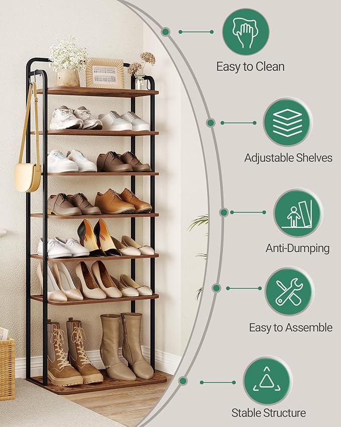 8 Tiers Widened Vertical Shoe Rack, Narrow Shoe Tower, Tall Shoes Shelf with 2 Hooks, Adjustable Shelves, Corner Shoes Shelves for Small Spaces, Entryway, Living Room, Rustic Brown SR12501B