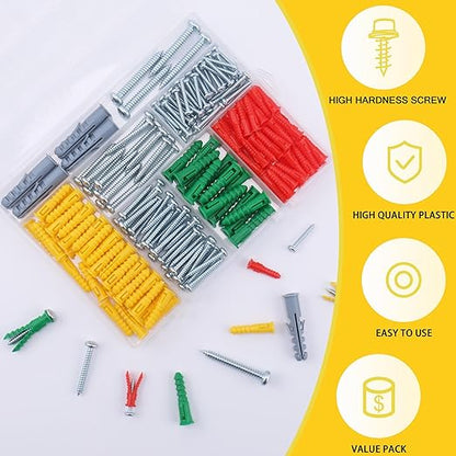 208PCS Drywall Anchors and Screws Assortment Kit, Wall Anchors and Screws Kit, 4 Sizes Plastic Anchors and Matched Phillips Pan Head Screws