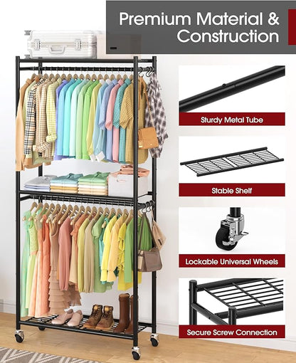 Clothes Rack - 33.0" x 12.2" x 79.5" Clothing Rack with Shelves & Wheels, Multi-Functional Wardrobe Closet with Hooks, Sturdy Metal Garment Rack for Bedroom, Laundry, Balcony (Black)
